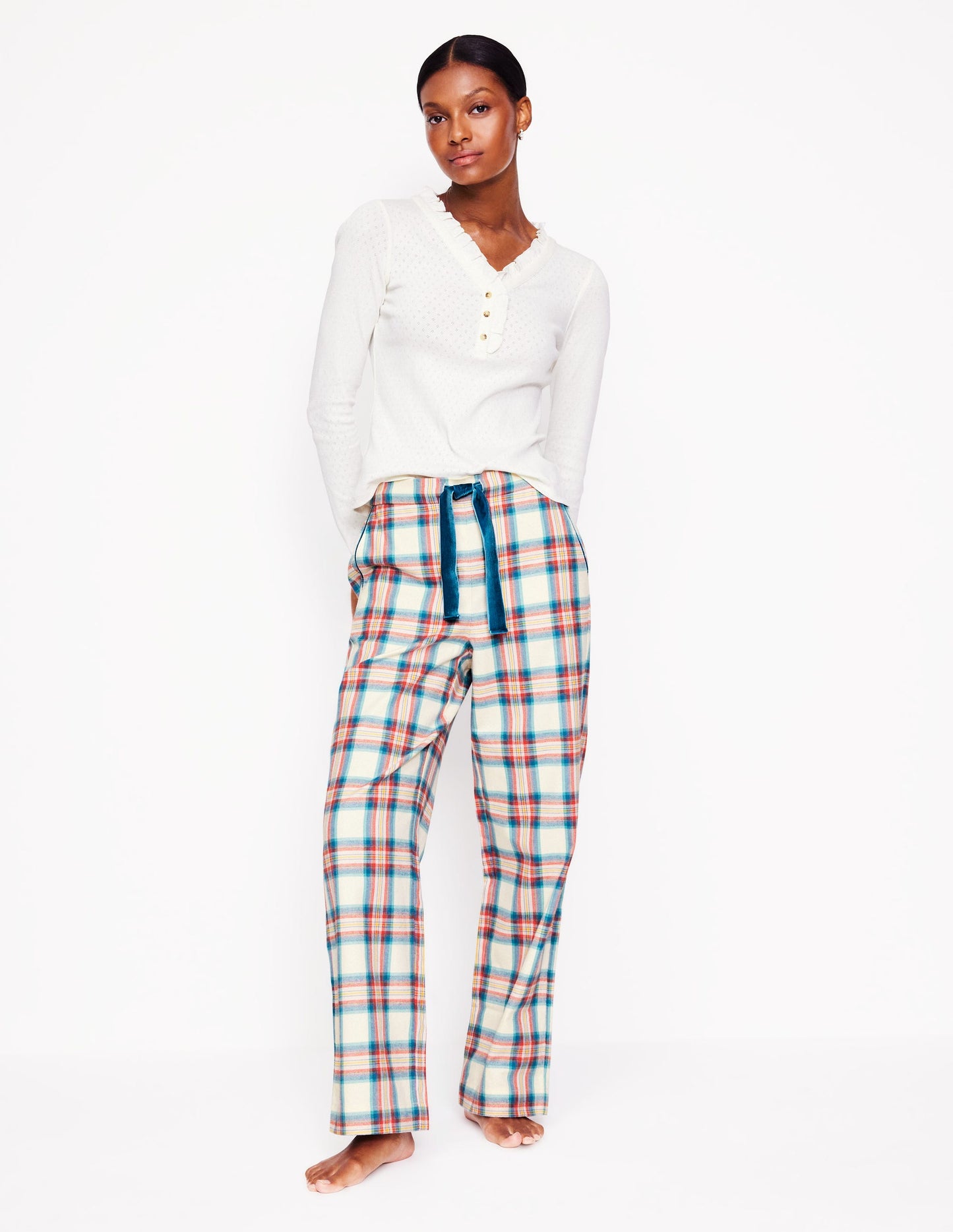 Brushed Cotton Pyjama Trousers-Eggnog & Orange Check