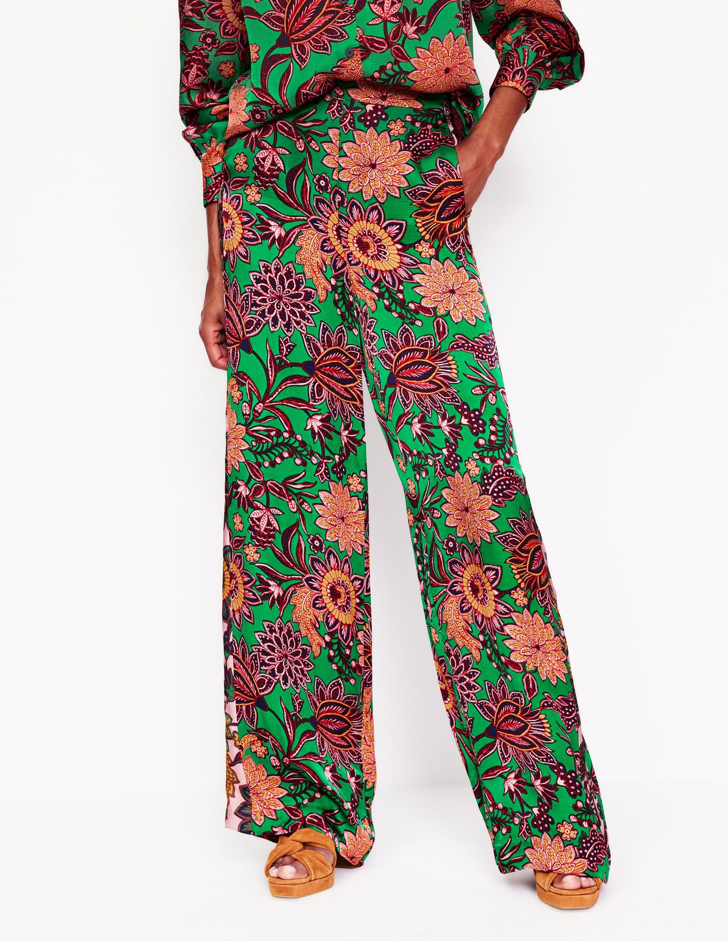 Wide Leg Pull-on Trousers-Rich Emerald, Ornate Bud