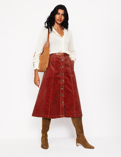 Petra Cord Midi Skirt-Rust