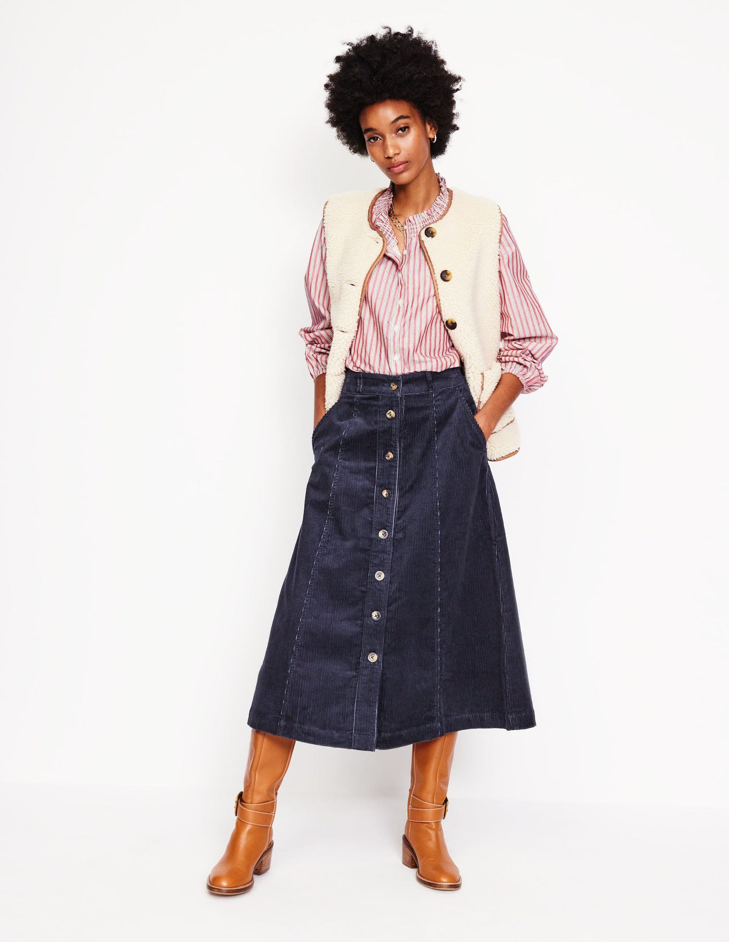 Petra Cord Midi Skirt -Navy