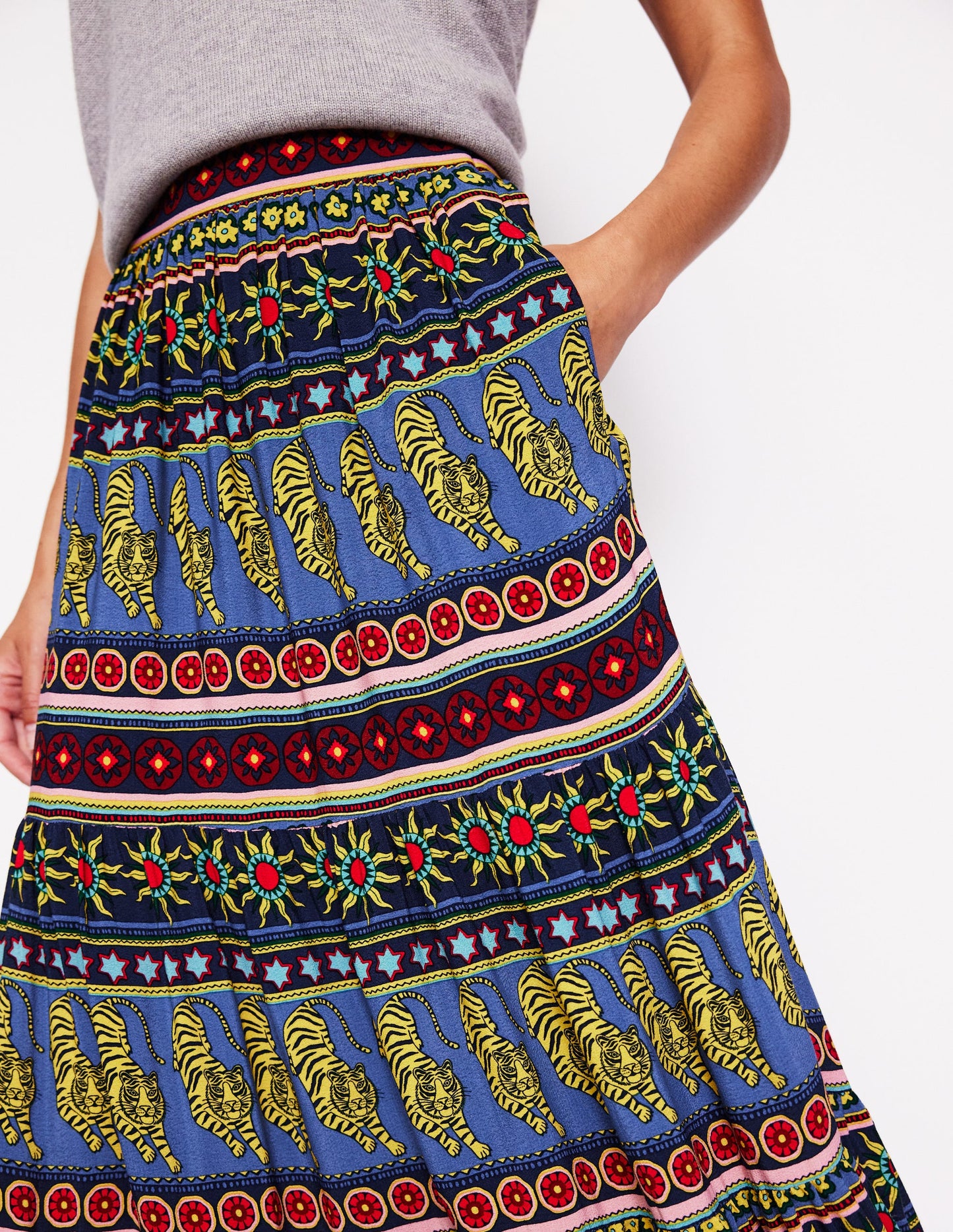 Viv Crepe Tiered Maxi Skirt-Denim Blue, Tiger Border