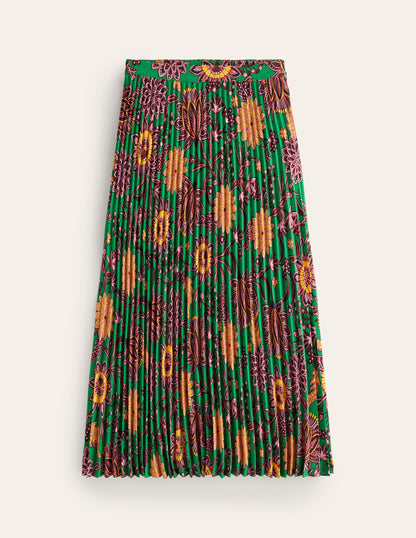 Camilla Pleated Midi Skirt-Rich Emerald, Ornate Bud