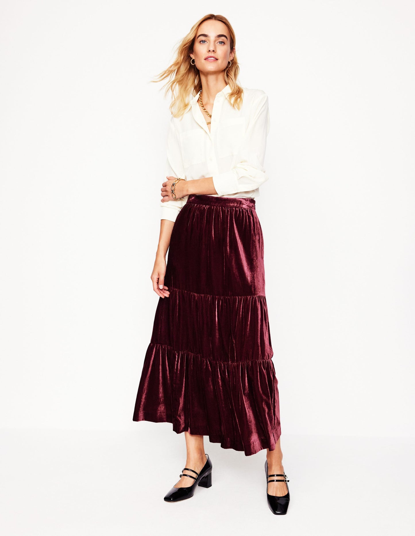 Viv Velvet Tiered Maxi Skirt-Cabernet