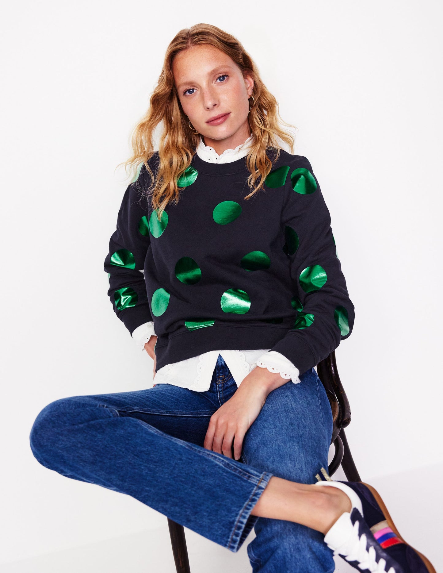 Hannah Printed Sweatshirt-Navy, Green Spot