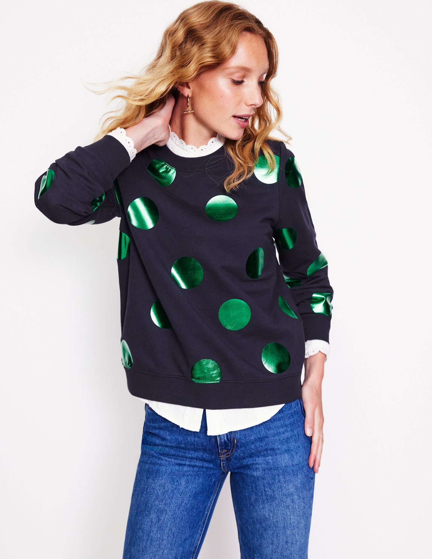 Hannah Printed Sweatshirt-Navy, Green Spot