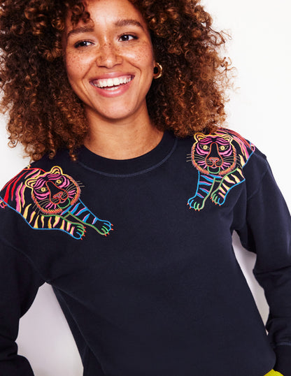 Emi Embroidered Sweatshirt-Navy, Tiger Embroidery