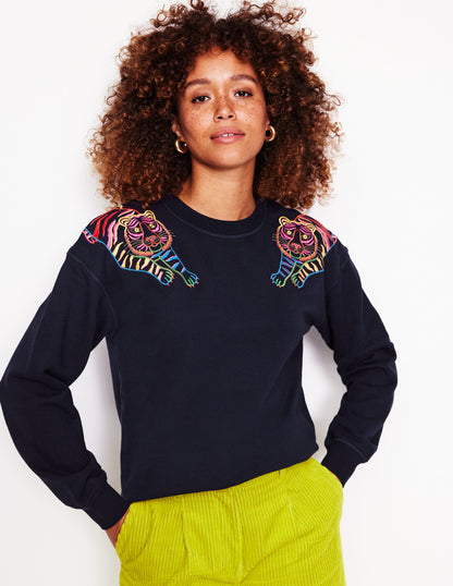 Emi Embroidered Sweatshirt-Navy, Tiger Embroidery