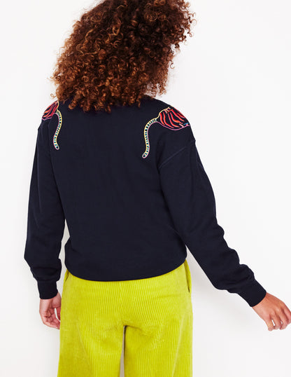 Emi Embroidered Sweatshirt-Navy, Tiger Embroidery