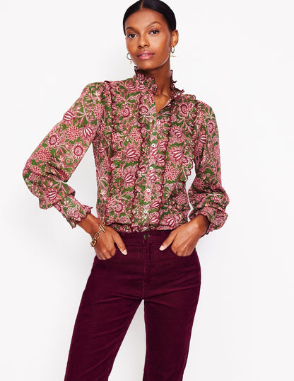 Ruffled Cotton Blouse-Chive, Ornate Bud