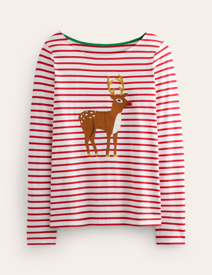 Ella Long Sleeve Breton-Red, Reindeer Stripe