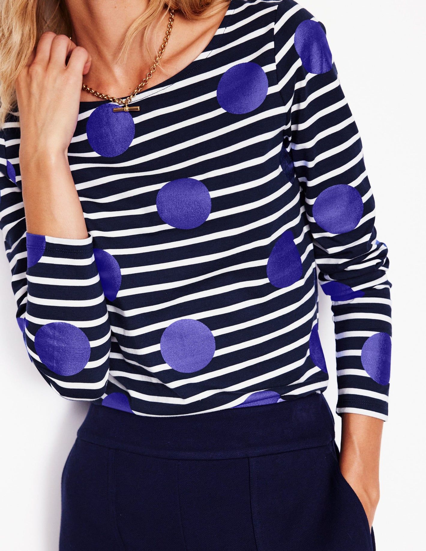 Ella Long Sleeve Breton-Navy, Ivory, Blue Spot