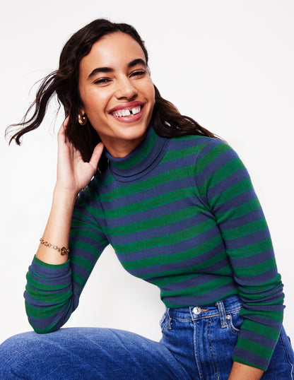 Anna Rib Roll Neck Top-Pine, French Navy