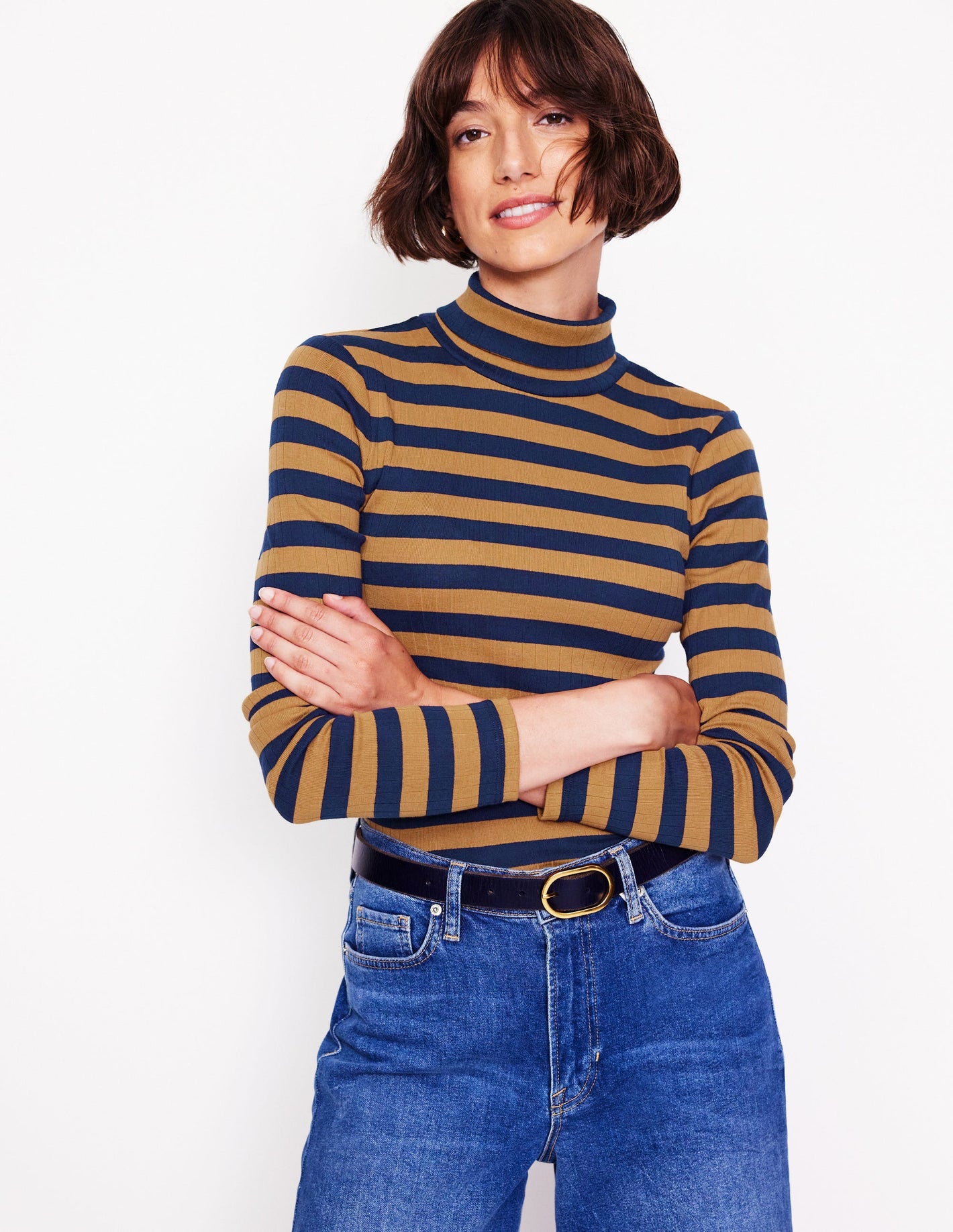 Anna Rib Roll Neck Top-French Navy,Camel