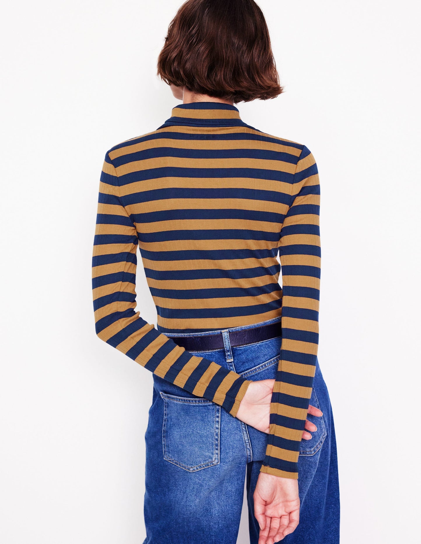 Anna Rib Roll Neck Top-French Navy,Camel