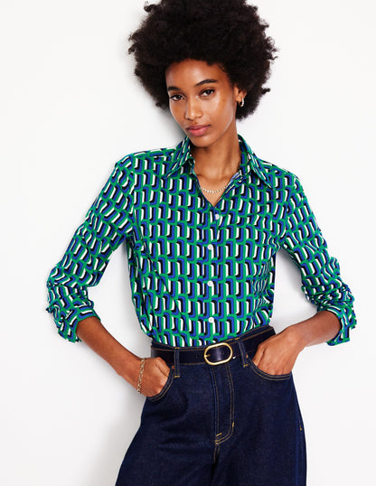 Sienna Cotton Shirt-Green and Blue, Falling Geo