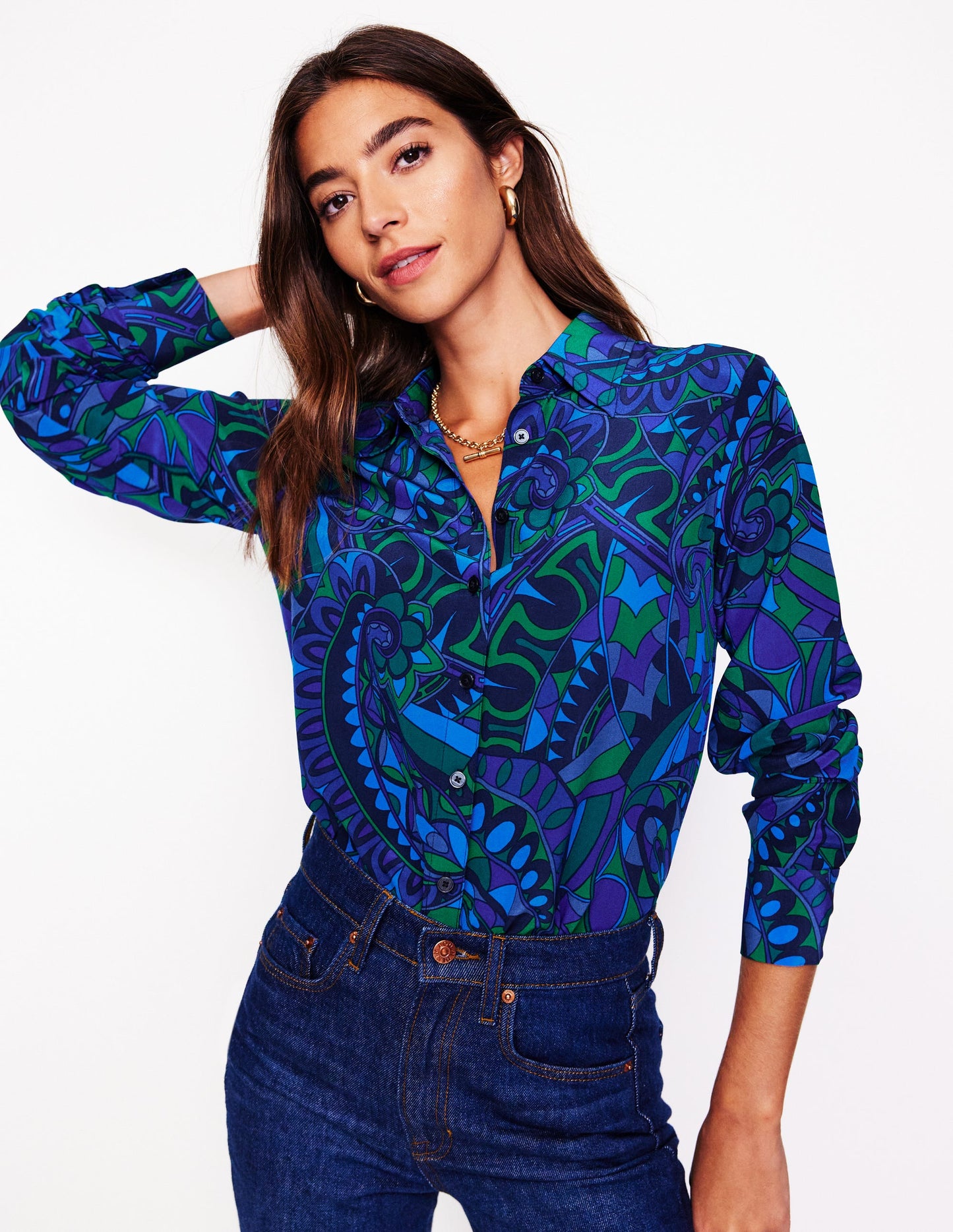 Sienna Silk Shirt -Blue, Kaleidoscopic Paisley