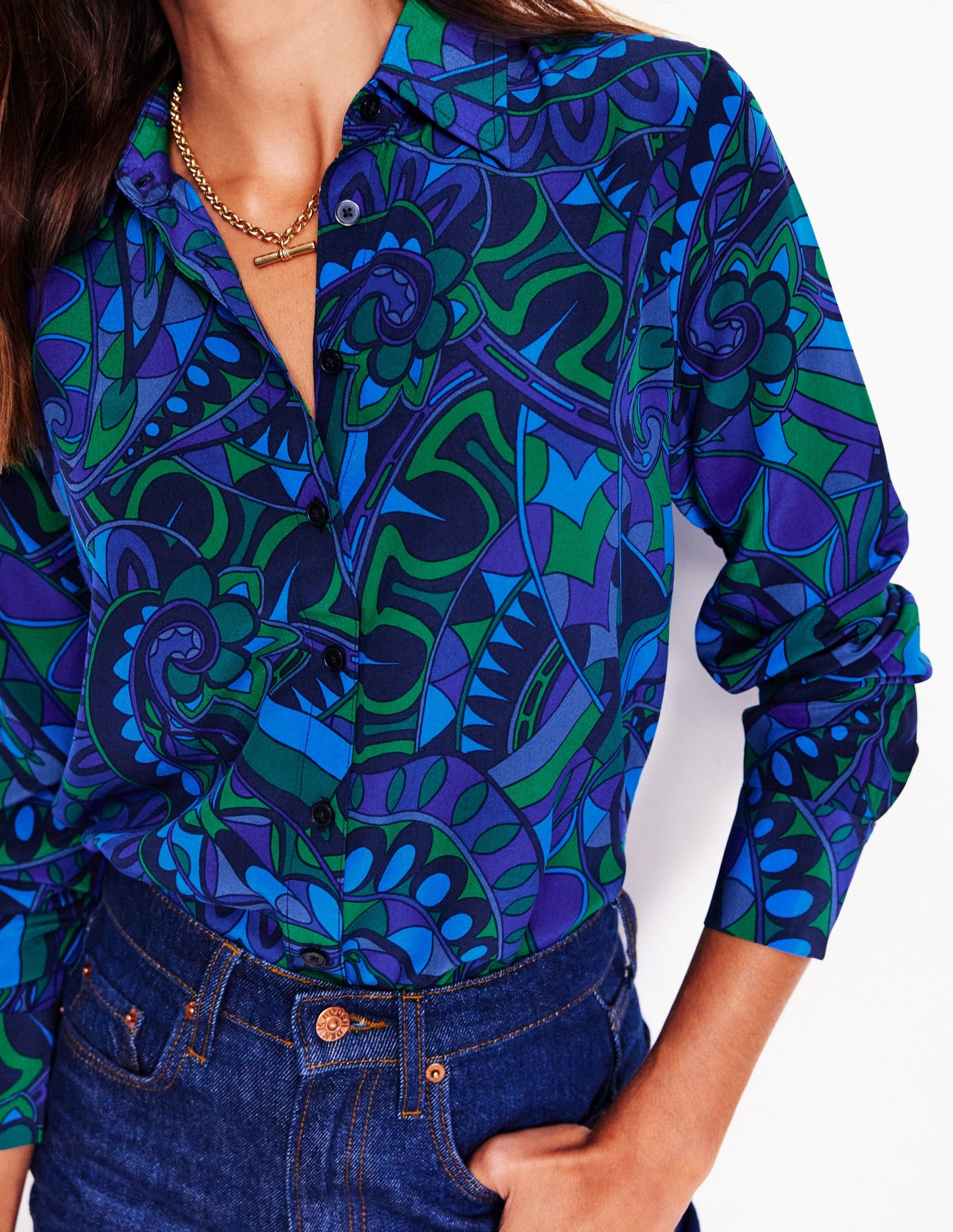 Sienna Silk Shirt -Blue, Kaleidoscopic Paisley