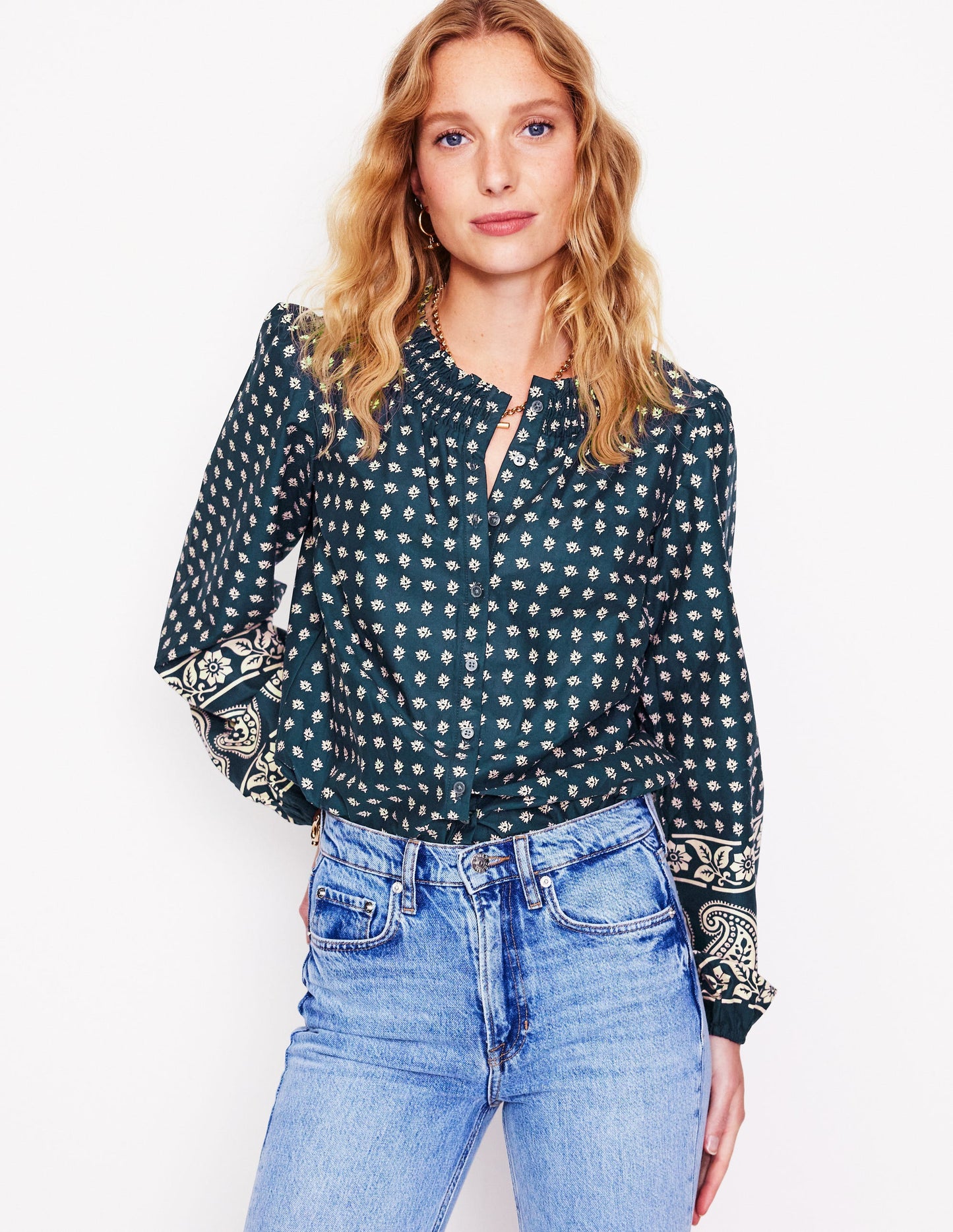 Mae Cotton Smocked Blouse-Denim Blue, Decorative Sprig