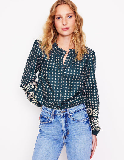 Mae Cotton Smocked Blouse-Denim Blue, Decorative Sprig