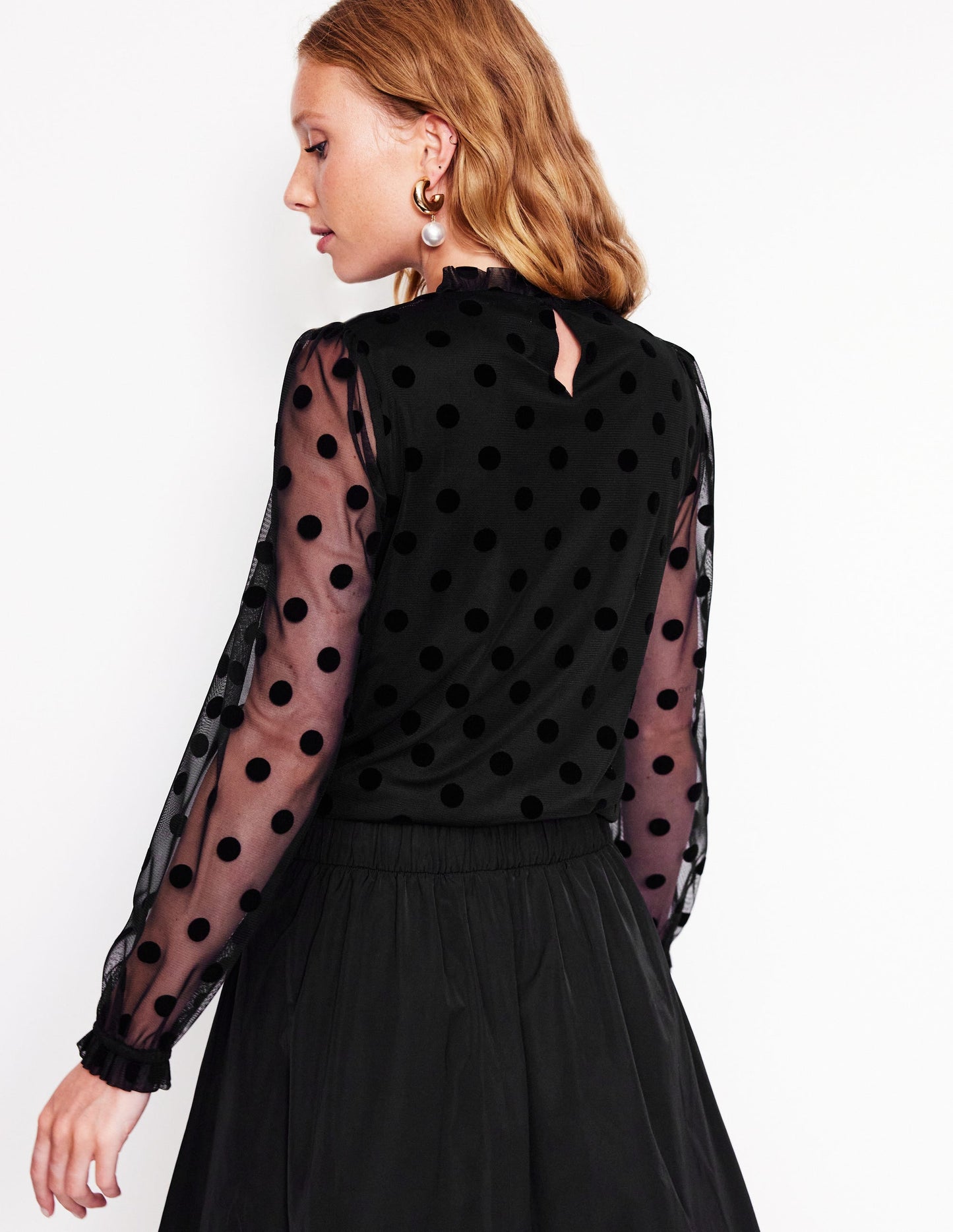 Tulle Blouson Sleeve Top-Black