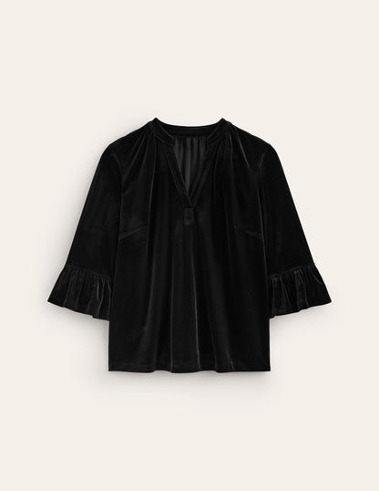 Notch Neck Frill Velvet Top-Black