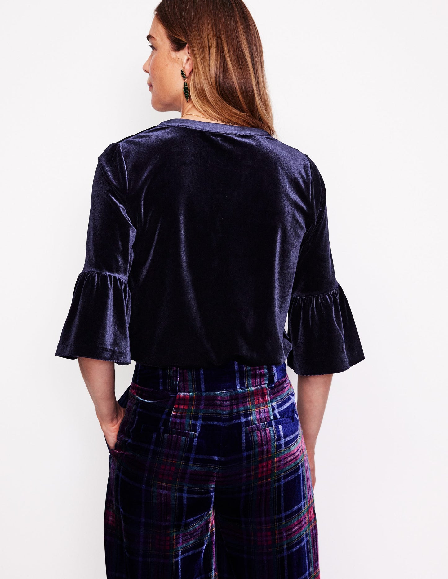 Notch Neck Frill Velvet Top-Navy