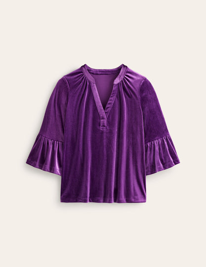 Notch Neck Frill Velvet Top-Viola