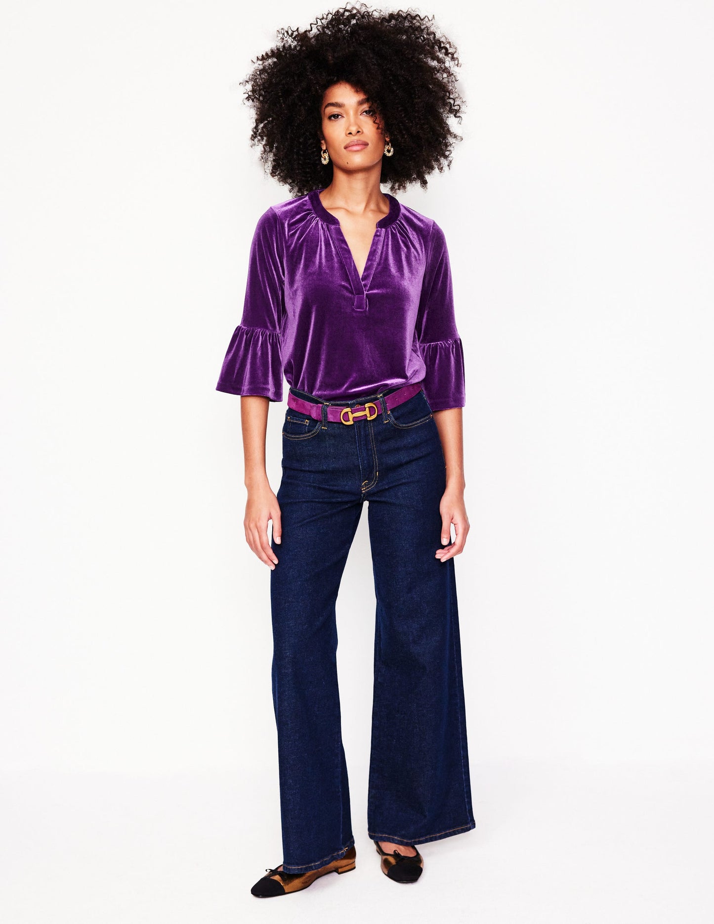 Notch Neck Frill Velvet Top-Viola