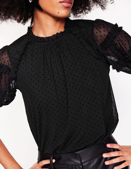 Short-Sleeve Spotty Tulle Top-Black