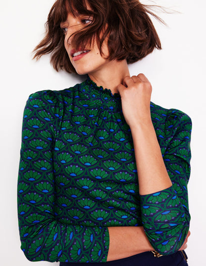 Smocked Neck Printed Top-Emerald, Lotus Stamp