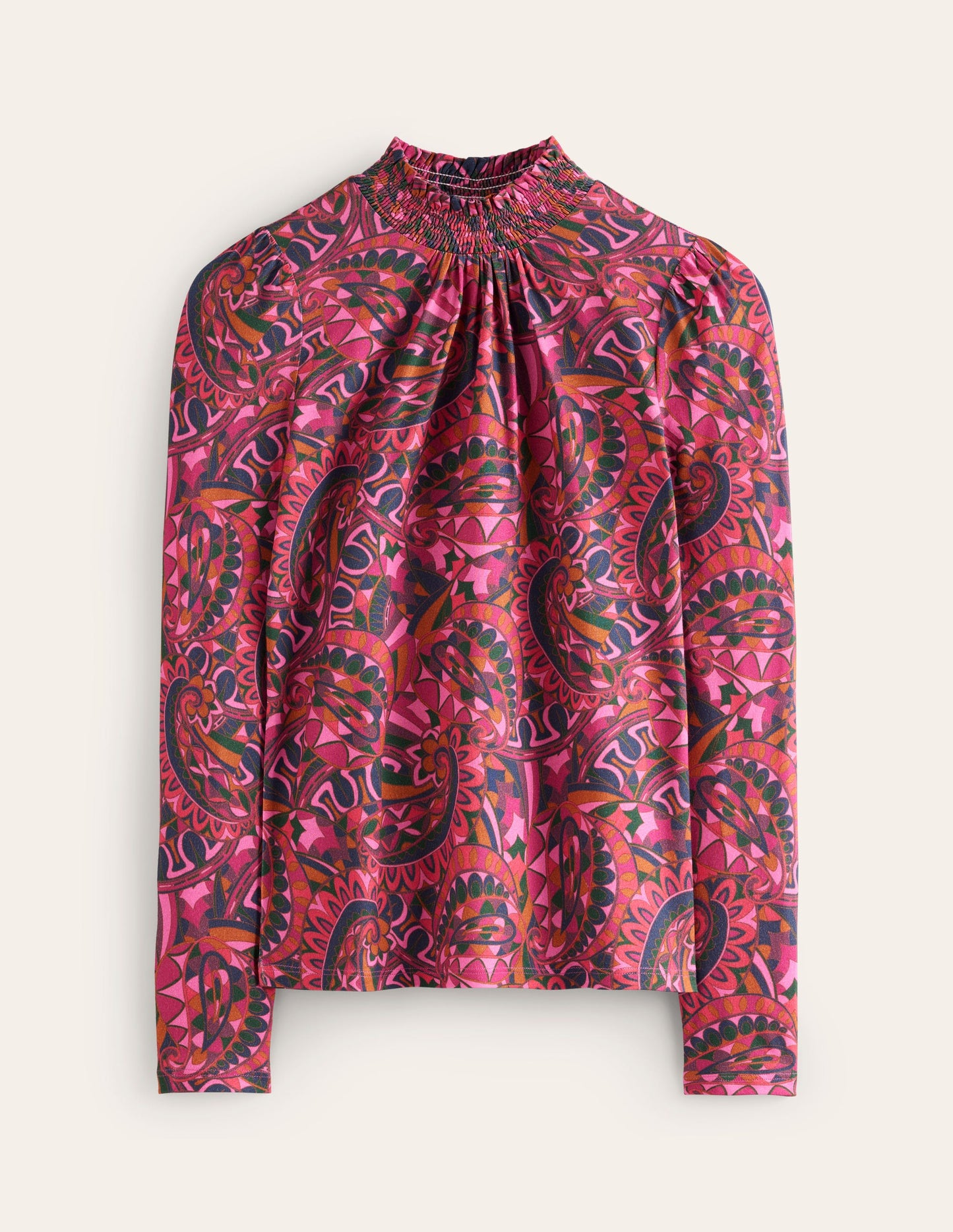 Smocked Neck Printed Top-Jam, Kaleidoscopic Paisley