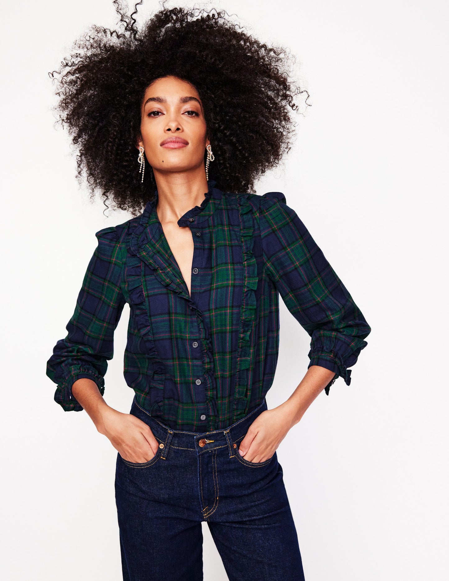 Isla Frill Detail Blouse-Navy and Green Check