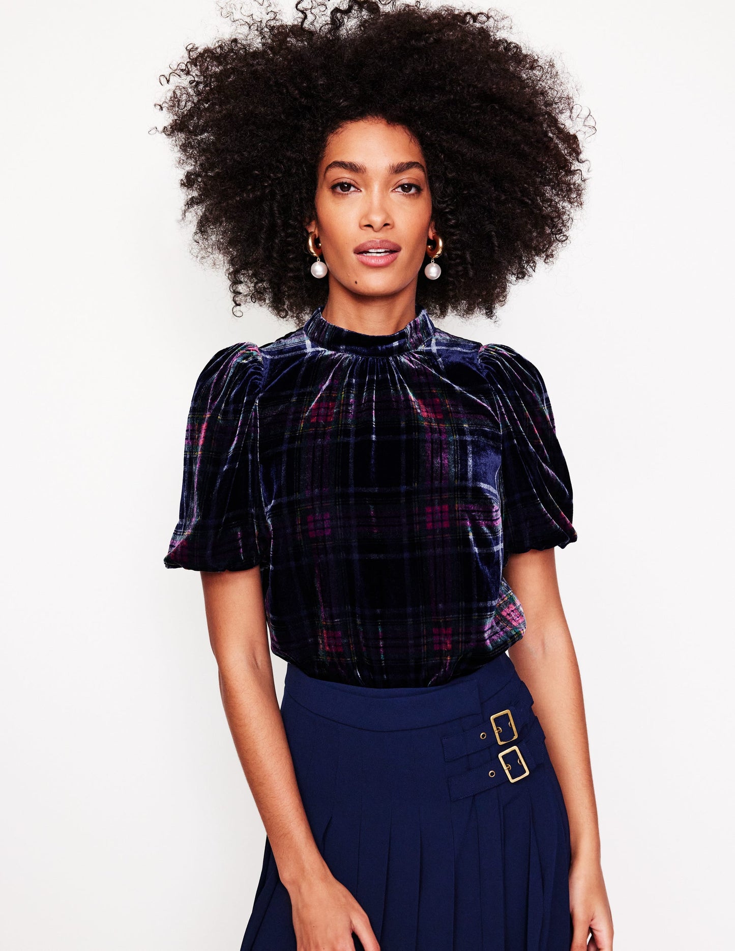 Puff Sleeve Velvet Top-Navy and Red Check