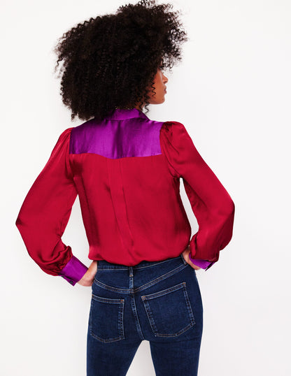 Satin Party Shirt-Cabernet Colourblock