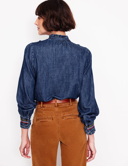 Isla Denim Frill Detail Blouse-Embroidered Denim