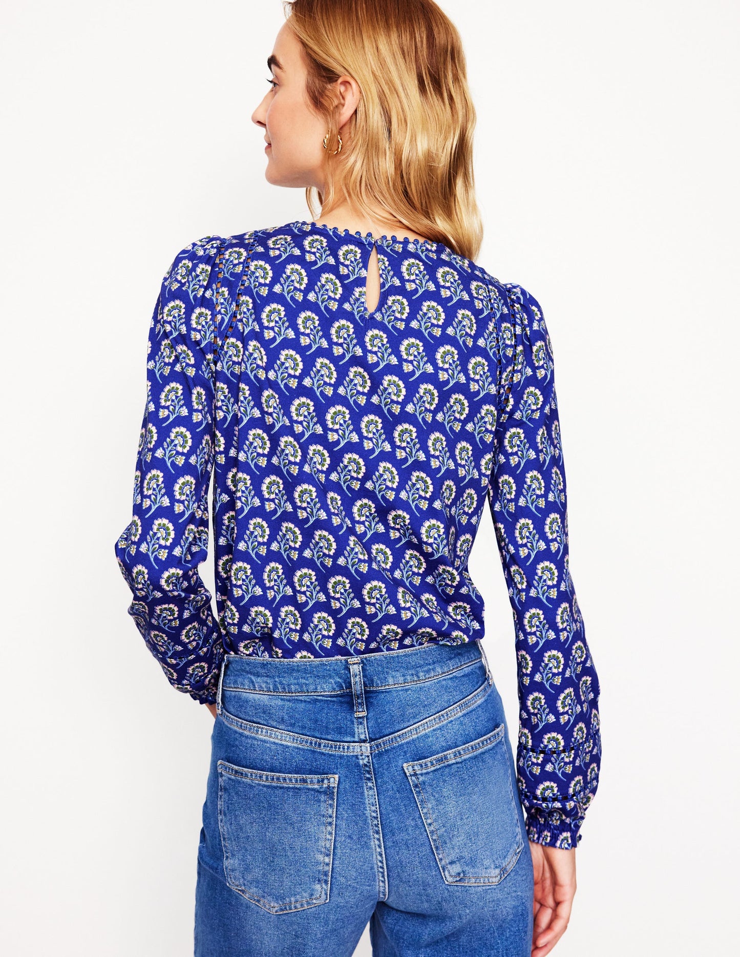 Mila Long Sleeve Top -Sapphire Blue, Azalea Sprig