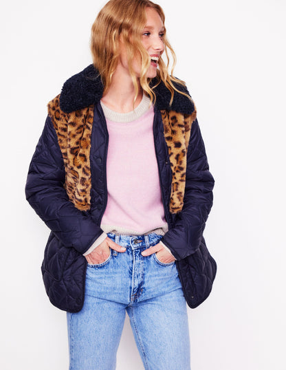 Chester Quilted Borg Coat-Navy, Leopard