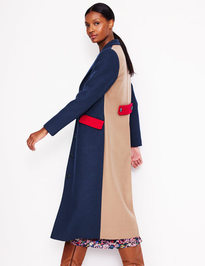 Colourblock Midi Coat-Navy, Multi