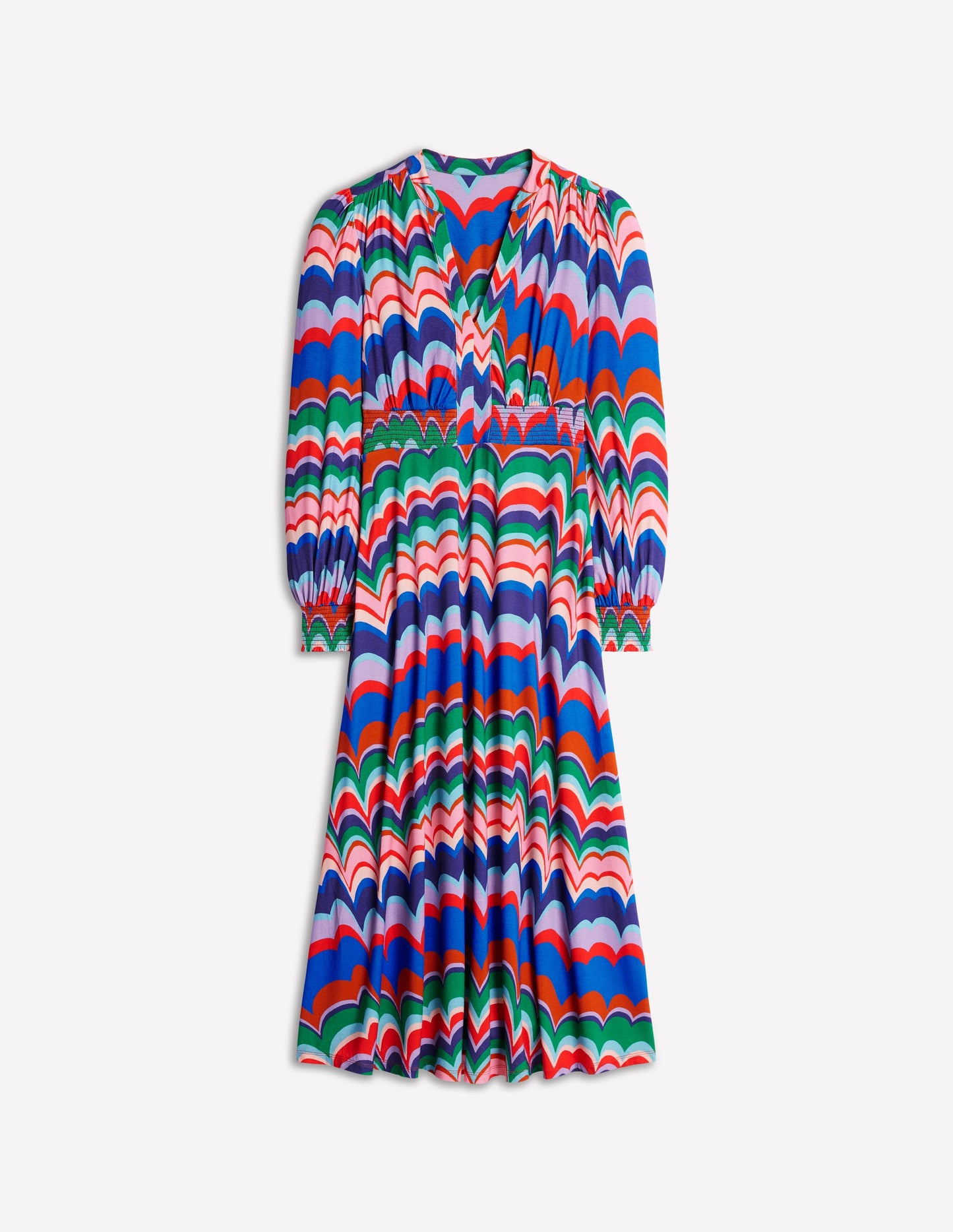 Ivy Smocked Midi Dress -Multi, Abstract Wave