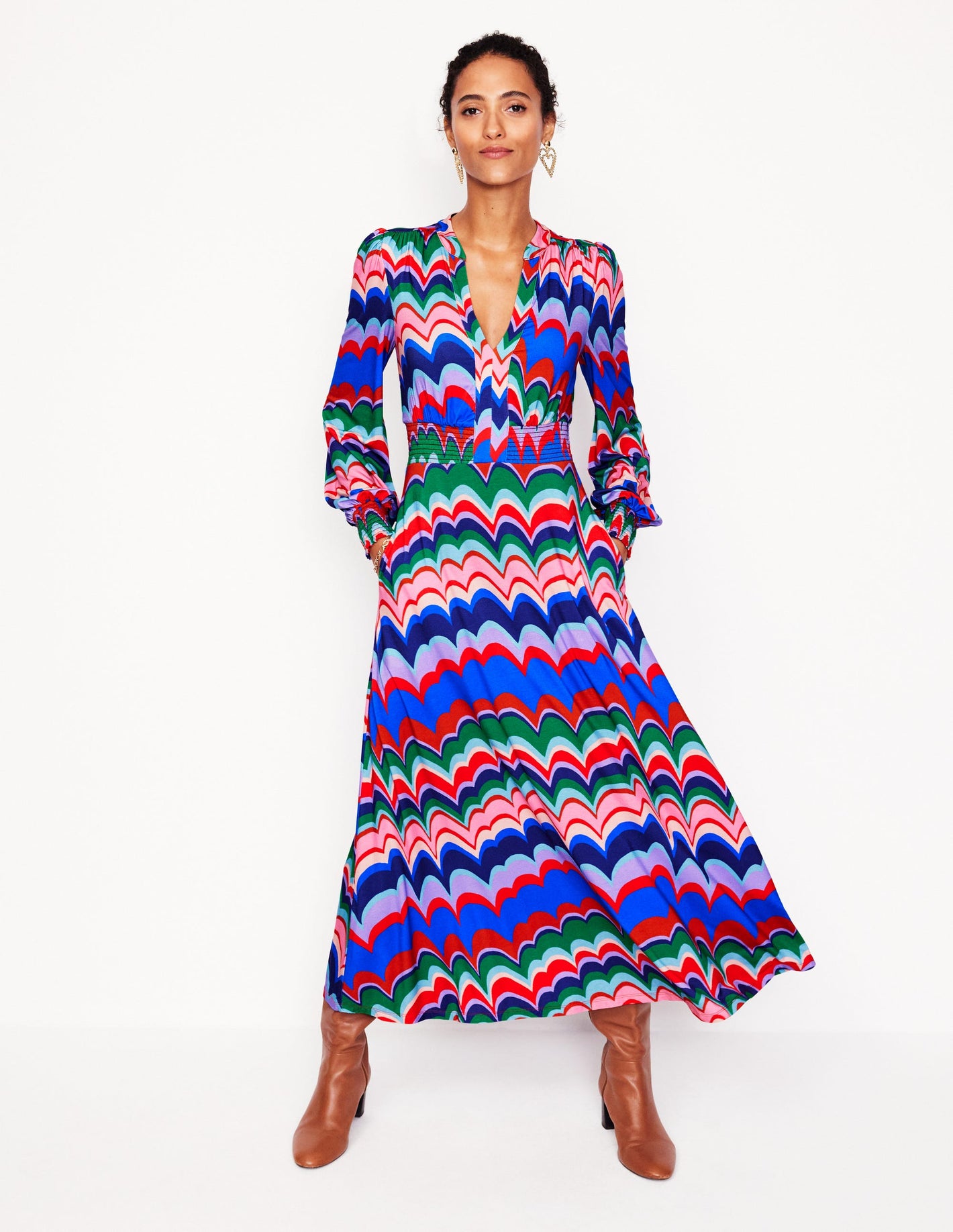 Ivy Smocked Midi Dress -Multi, Abstract Wave