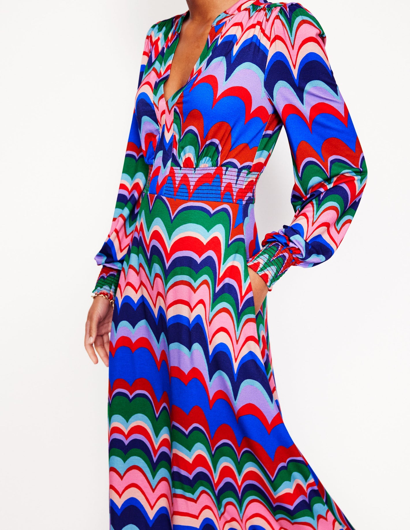 Ivy Smocked Midi Dress -Multi, Abstract Wave