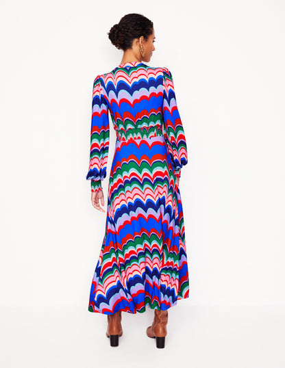 Ivy Smocked Midi Dress -Multi, Abstract Wave