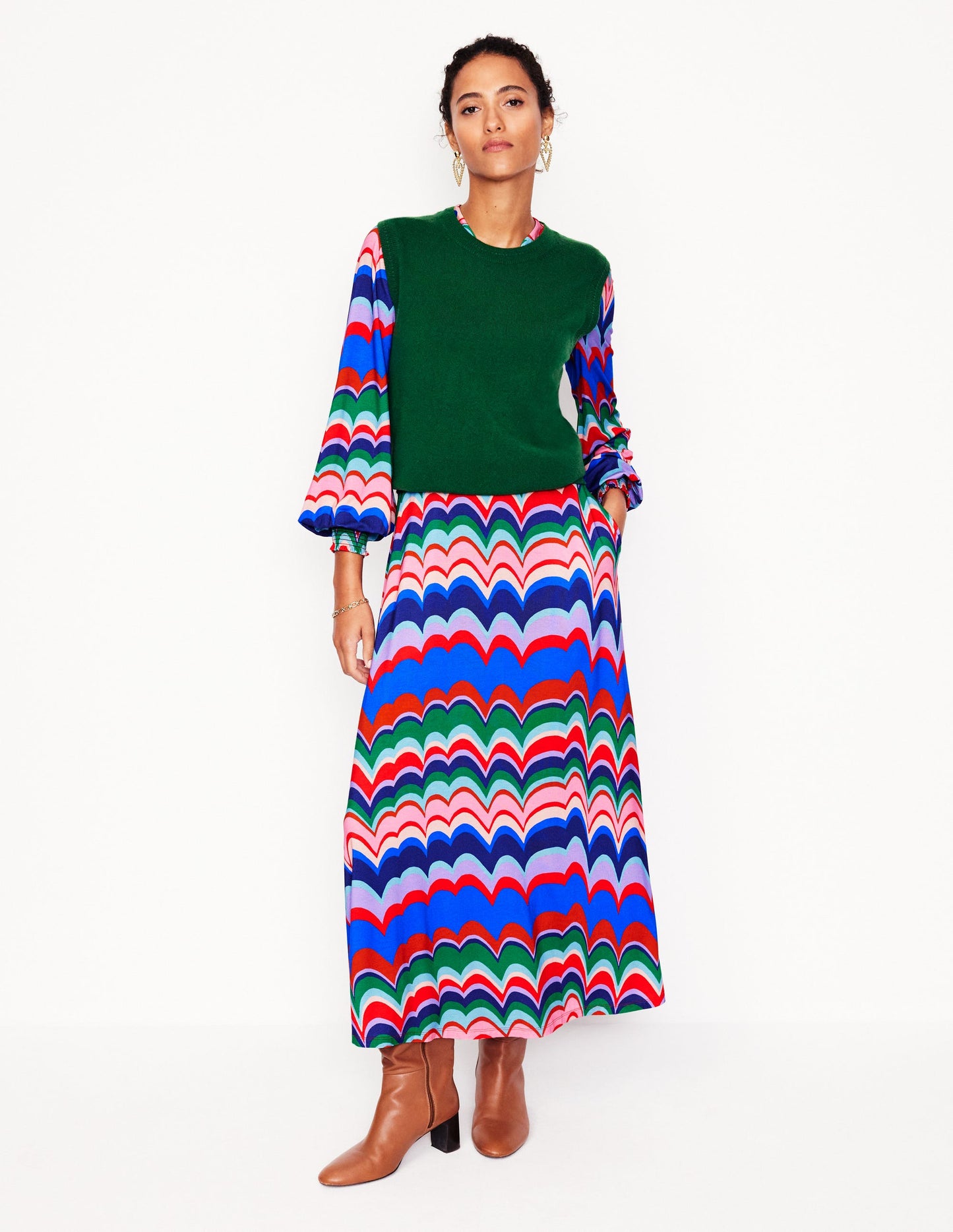 Ivy Smocked Midi Dress -Multi, Abstract Wave