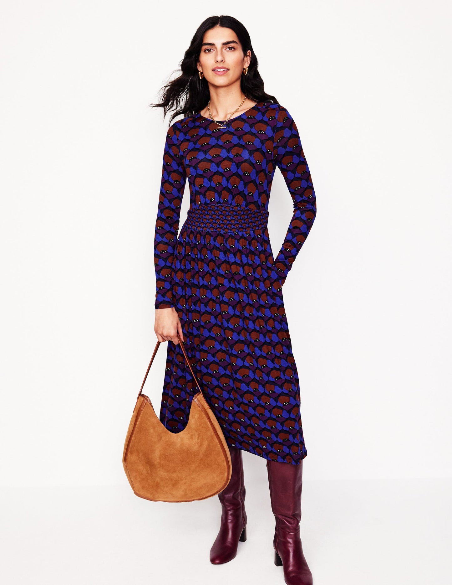 Thea Long Sleeve Jersey Dress -Damson, Poppy Stamp