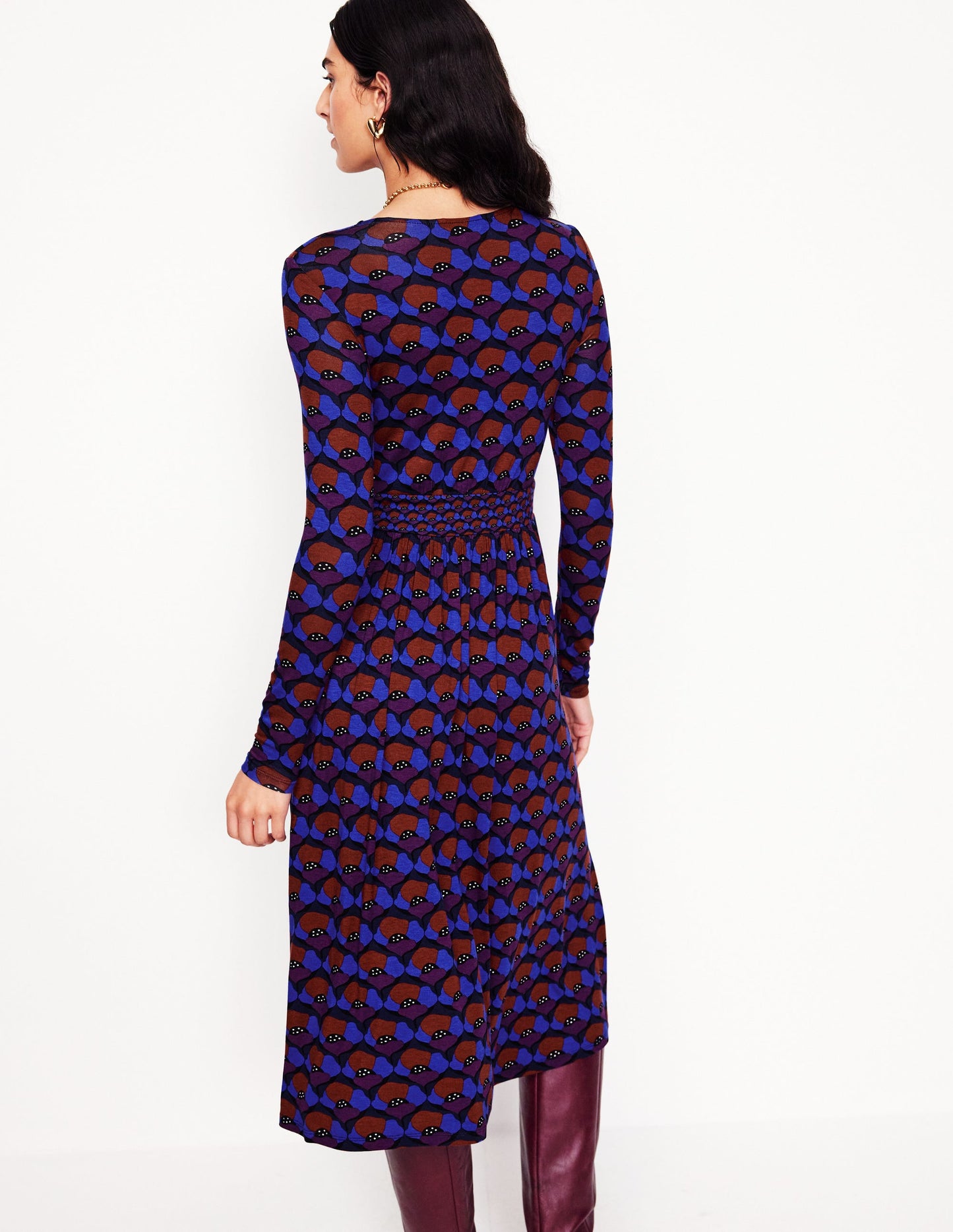 Thea Long Sleeve Jersey Dress -Damson, Poppy Stamp