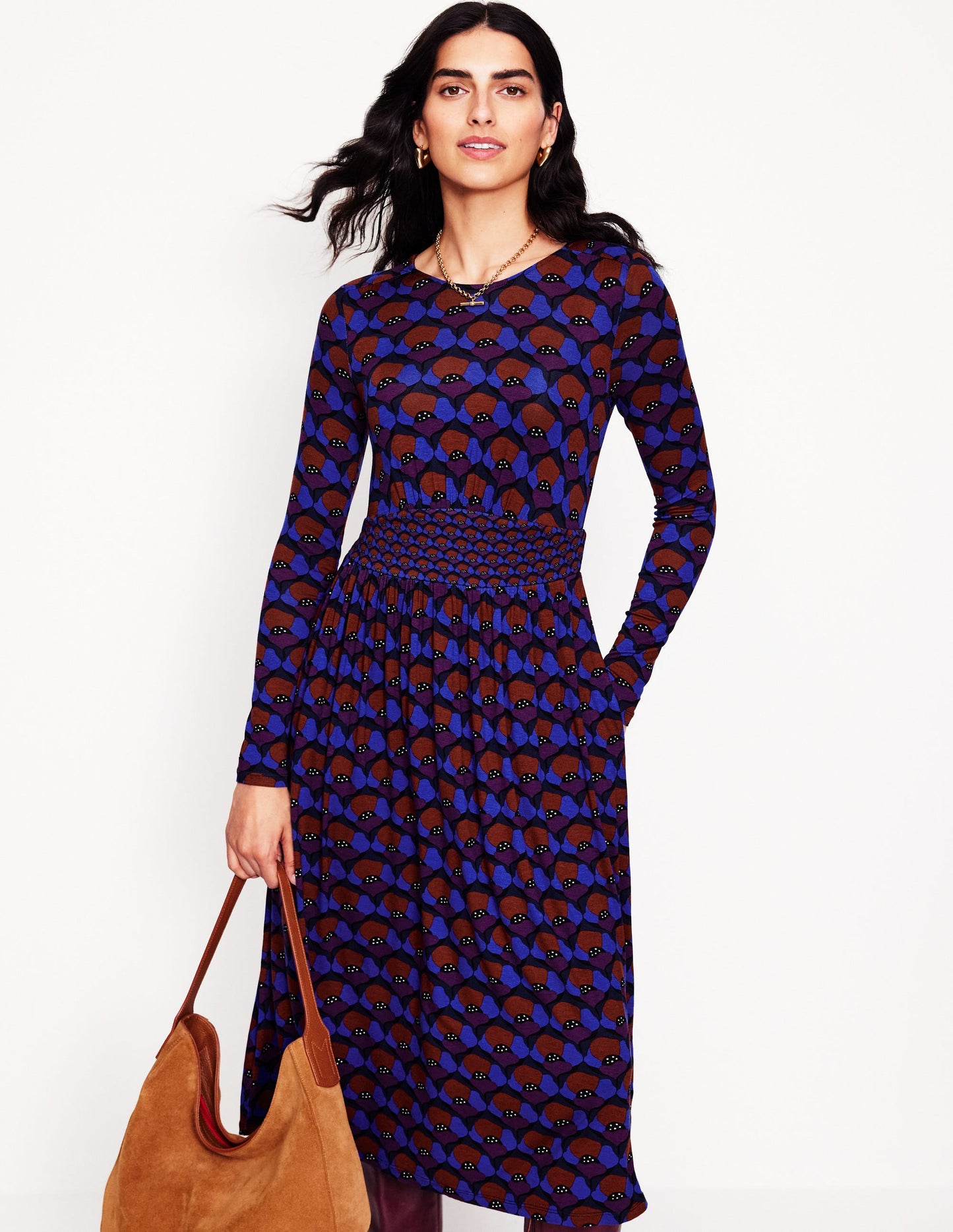 Thea Long Sleeve Jersey Dress -Damson, Poppy Stamp