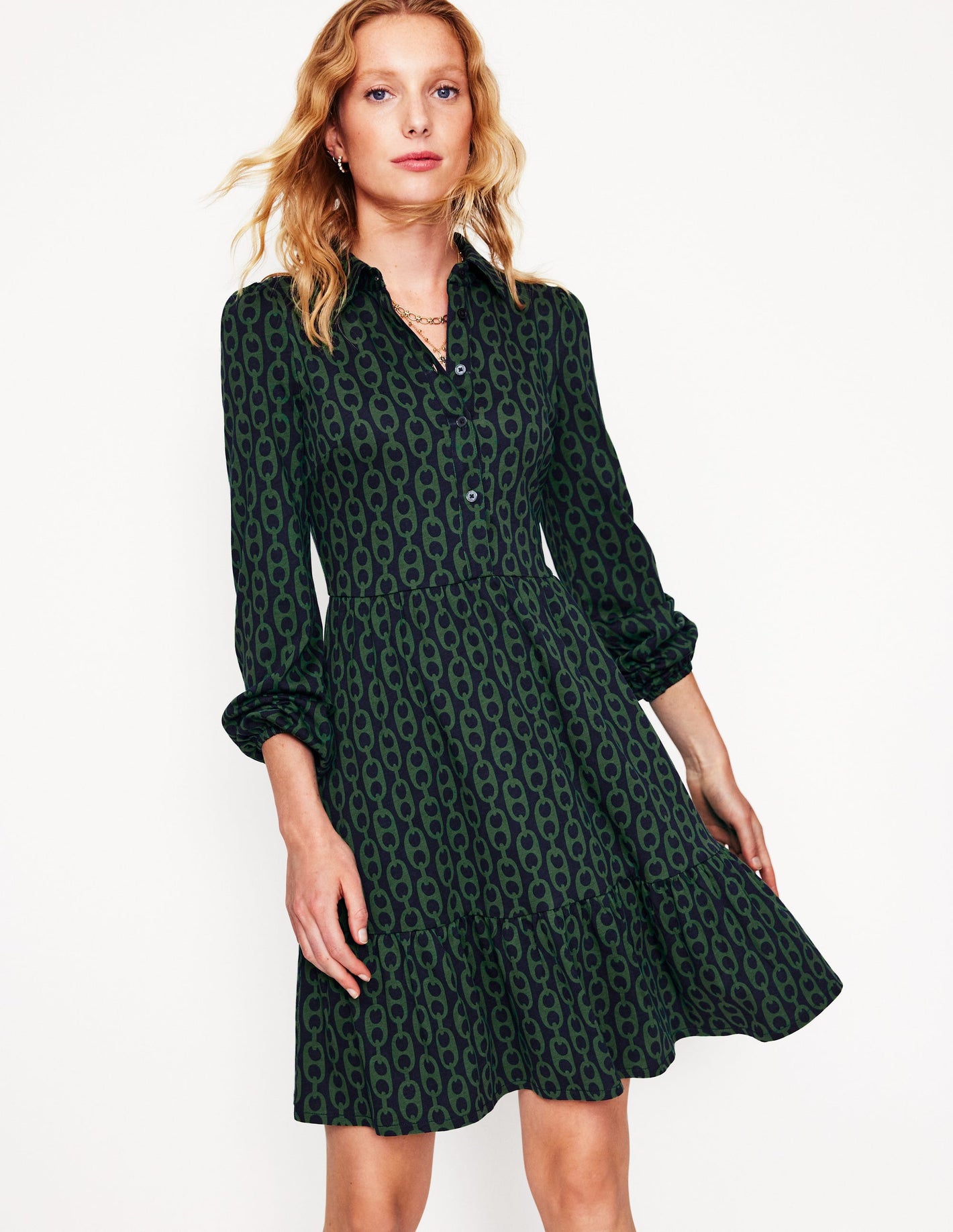 Jemima Tiered Jersey Dress-Pine, Geo Chain