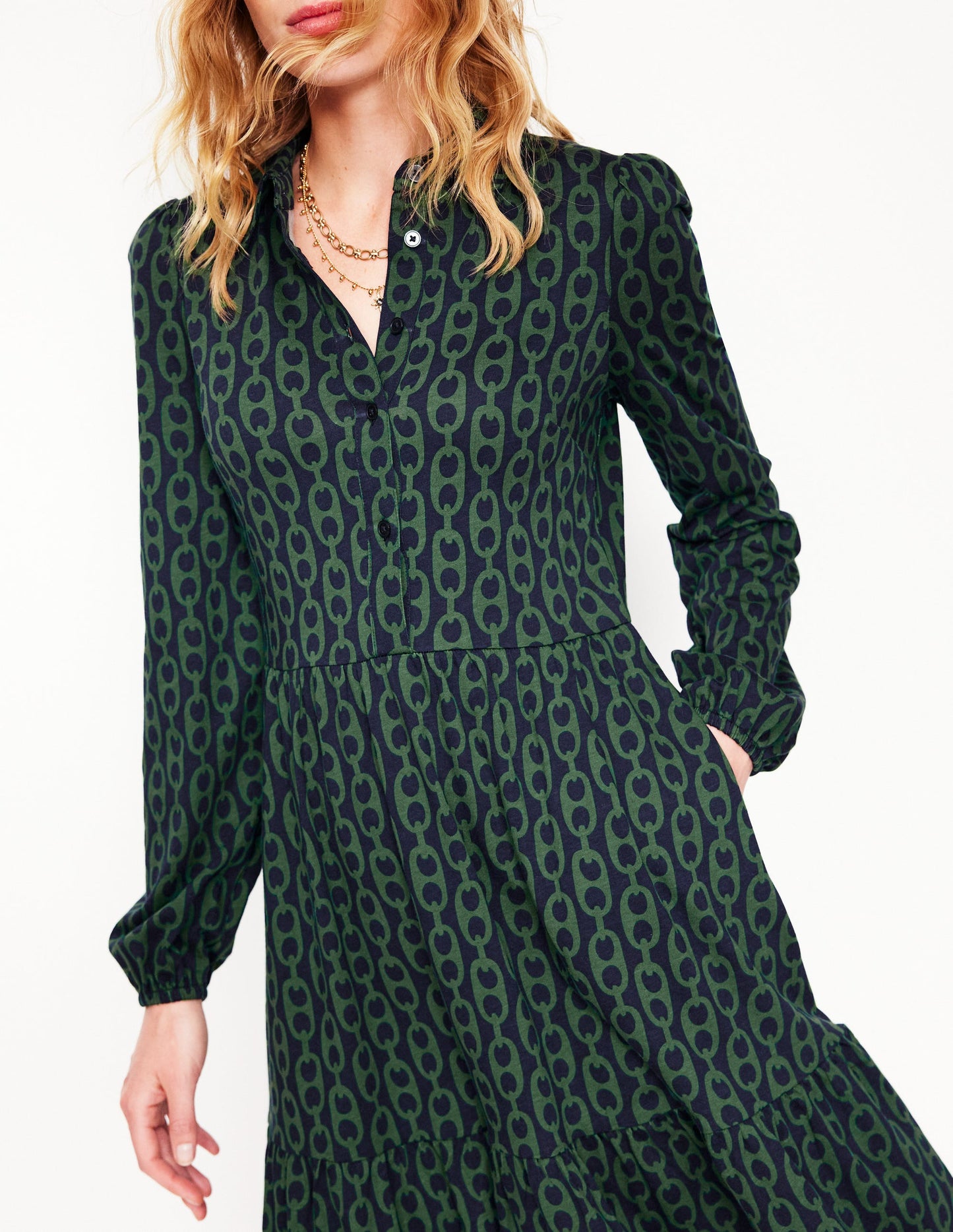 Jemima Tiered Jersey Dress-Pine, Geo Chain