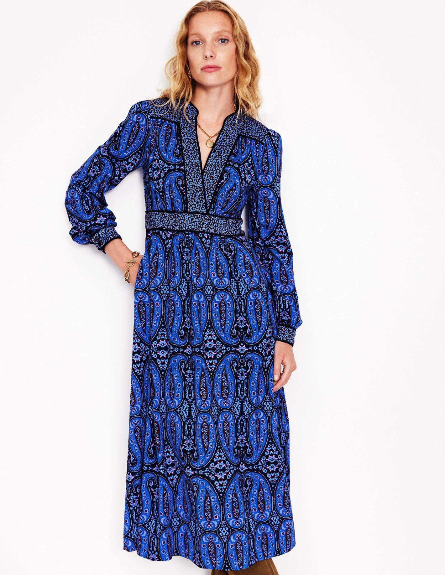 Hotched Ponte Dress -Blue, Paisley Bud