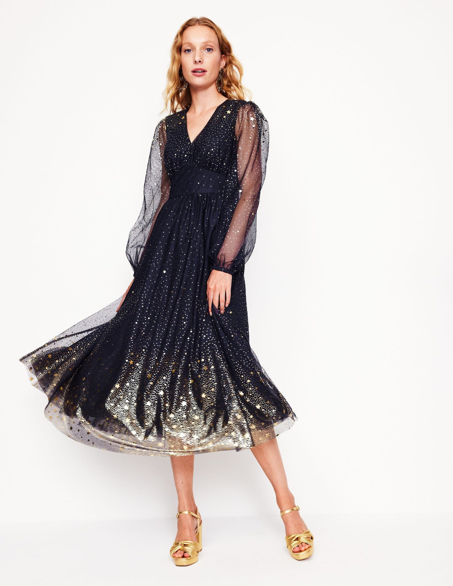 Christina Tulle Midi Dress -Navy, Foil Scattered Stars